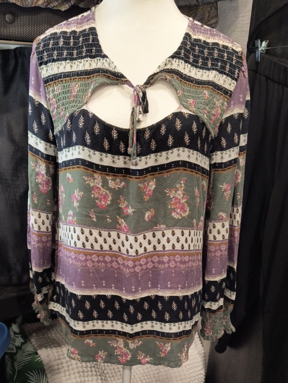 Maurice Boho Floral Tie-Neck Tunic in Green, Lavender & Black With Smocking, L